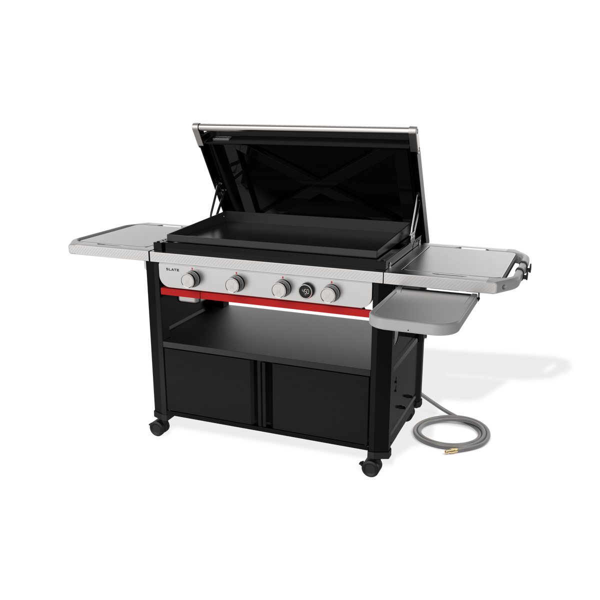 Front-right view of the Weber Slate 36” Rust-Resistant Griddle with the hard cover open, an empty cooktop and the flip-up side table extended for extra workspace.