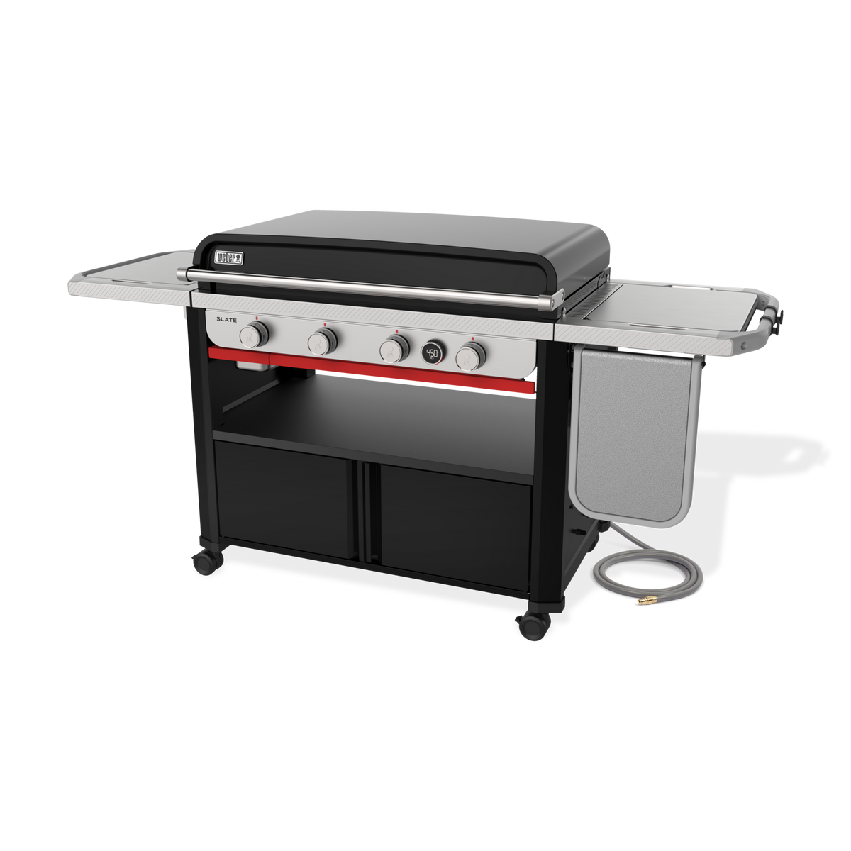 Front-right view of the Weber Slate 36” Rust-Resistant Griddle with the hard cover closed, four control knobs, a digital thermometer, lower storage cabinets and the flip-up side table folded down.