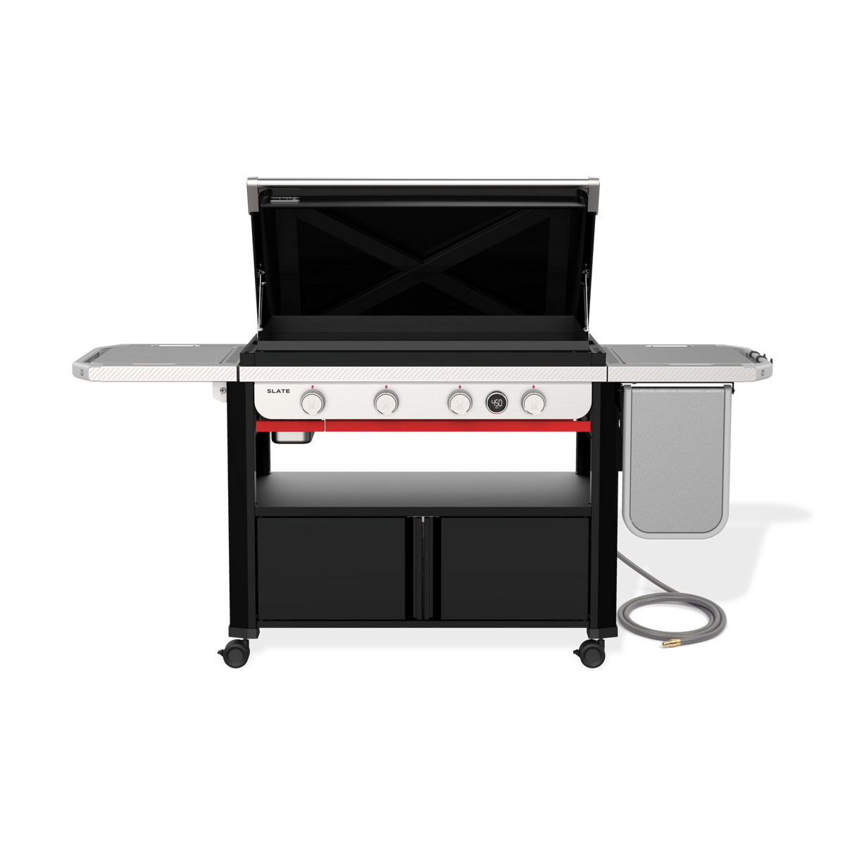 Front view of the Weber Slate 36” Rust-Resistant Griddle with the hard cover open to reveal the pre-seasoned carbon-steel plate, four control knobs, a digital thermometer and side tables.