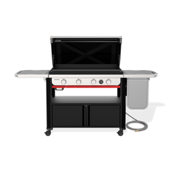 Front view of the Weber Slate 36” Rust-Resistant Griddle with the hard cover open to reveal the pre-seasoned carbon-steel plate, four control knobs, a digital thermometer and side tables.