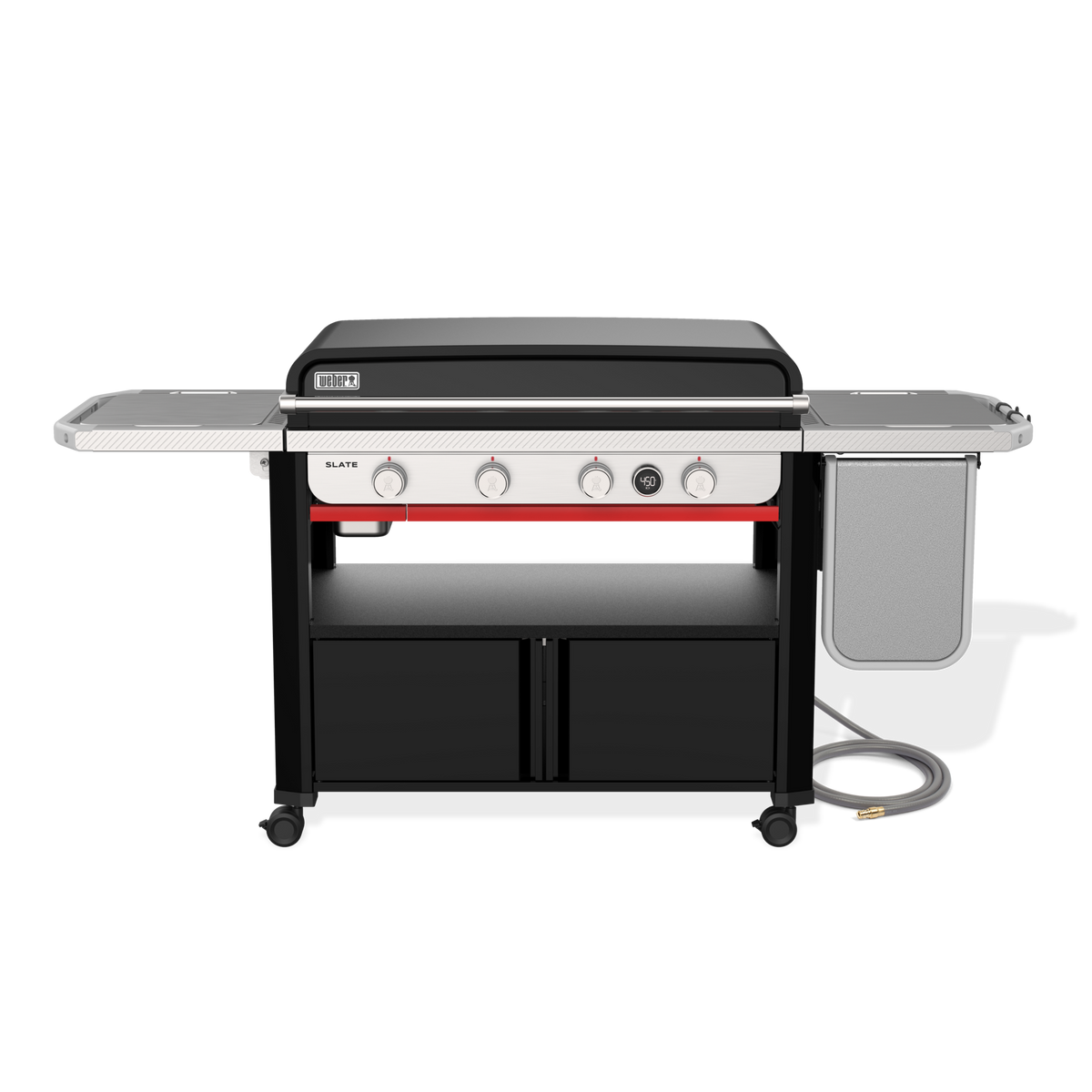 Front view of the Weber Slate 36” Rust-Resistant Griddle with the hard cover closed, four control knobs, a digital thermometer, side tables and lower storage cabinets.