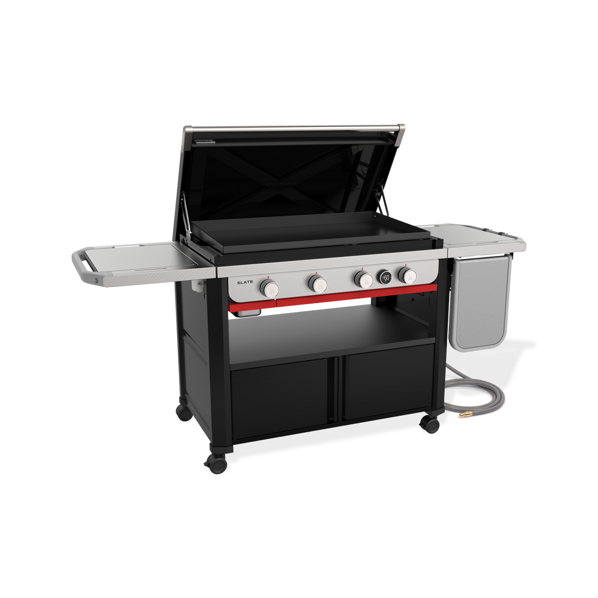 Front-left view of the Weber Slate 36” Rust-Resistant Griddle with the hard cover open, a pre-seasoned carbon-steel plate, four control knobs, a digital thermometer and the flip-up side table folded down.