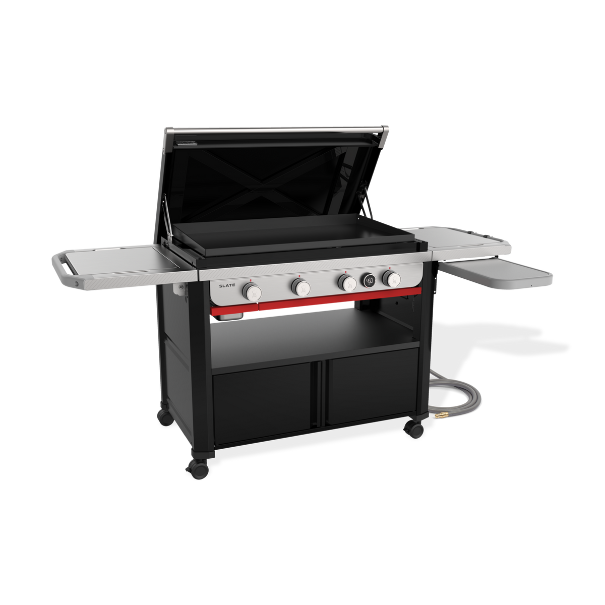 Weber Slate 36” Rust-Resistant Griddle with the hard cover open, a pre-seasoned carbon-steel plate and the flip-up side table extended.