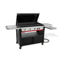 Weber Slate 36” Rust-Resistant Griddle with the hard cover open, a pre-seasoned carbon-steel plate and the flip-up side table extended.