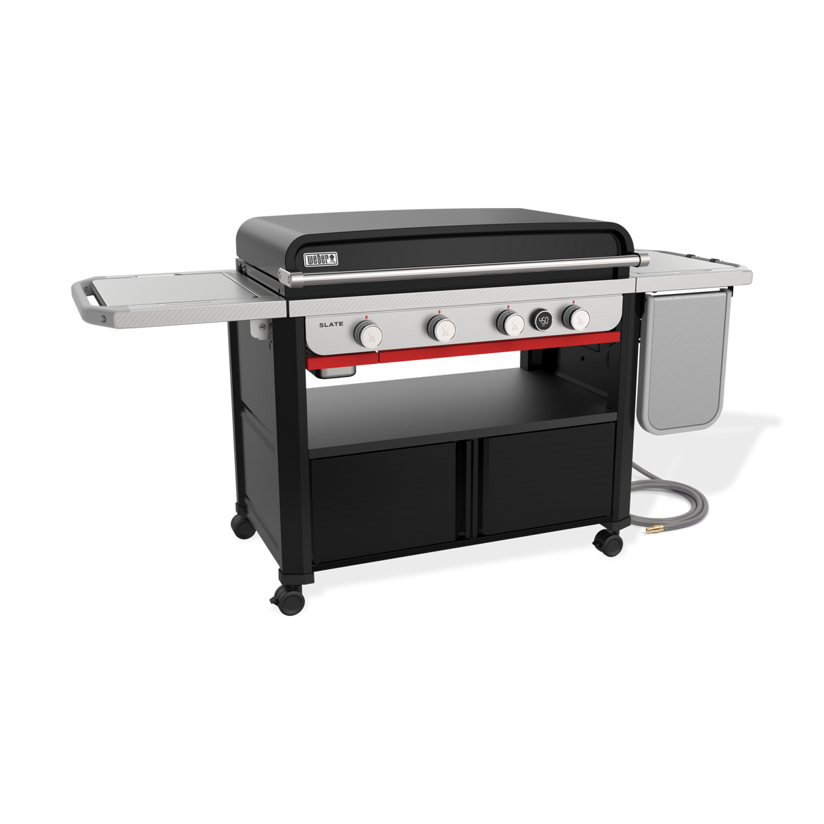 Front-left view of the Weber Slate 36” Rust-Resistant Griddle with the hard cover closed, four control knobs, a digital thermometer, lower storage cabinets and the flip-up side table folded down.