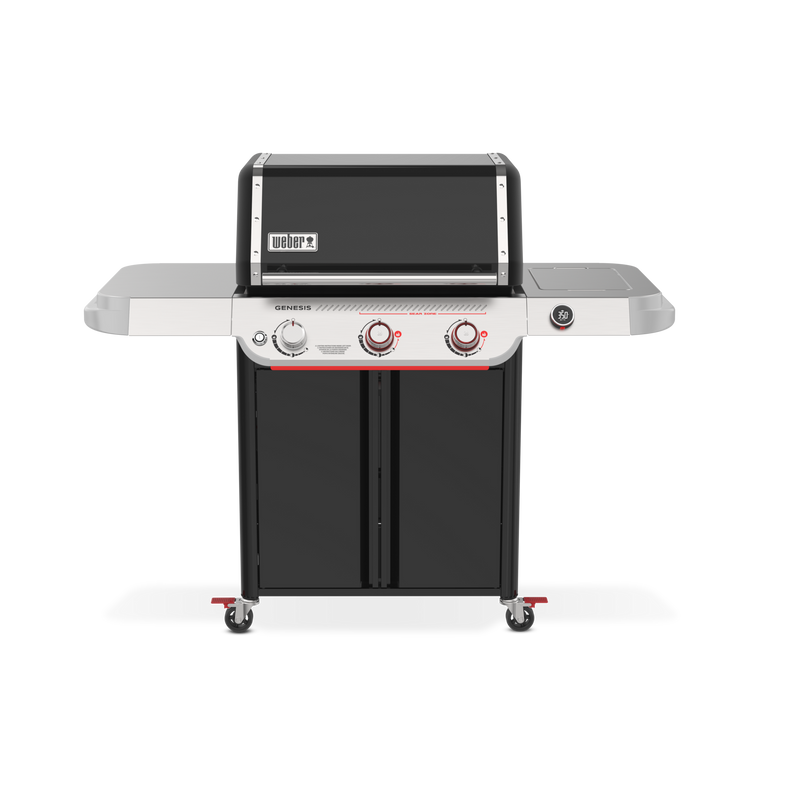 Black Genesis EX-325W Smart Gas Grill with a closed lid, two side tables, three front control knobs, a digital temperature display, and a two-door cabinet on caster wheels.