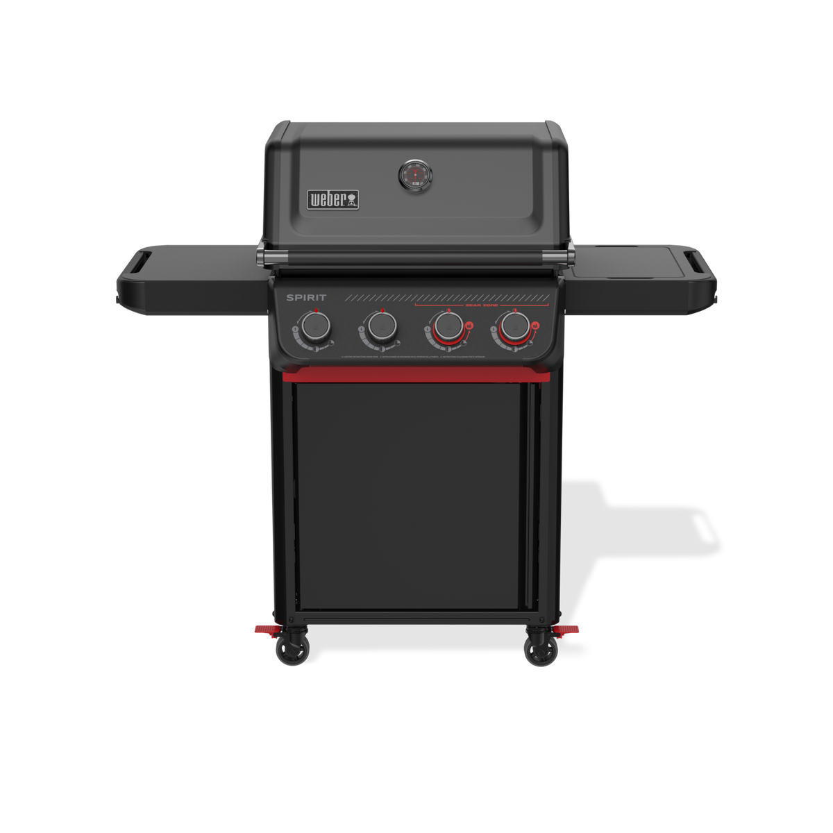 Front view of the matte black Weber Spirit E-430 Gas Grill Stealth Edition with a closed lid, built-in thermometer, side shelves, and red accents around the Boost Burner knobs.