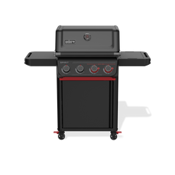 Front view of the matte black Weber Spirit E-430 Gas Grill Stealth Edition with a closed lid, built-in thermometer, side shelves, and red accents around the Boost Burner knobs.