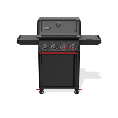 Front view of the matte black Weber Spirit E-430 Gas Grill Stealth Edition with a closed lid, built-in thermometer, side shelves, and red accents around the Boost Burner knobs.
