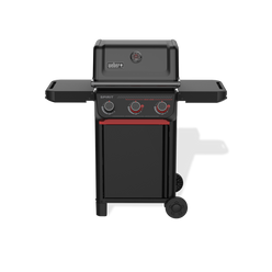 Front view of a matte black gas grill with a closed lid, built-in thermometer, three control knobs, red accents, two side shelves, and large wheels.