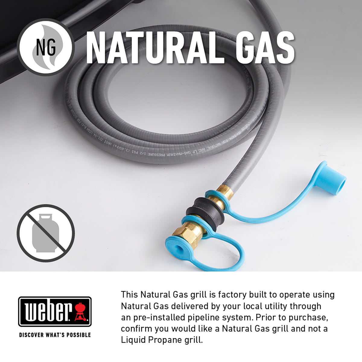 Coiled natural gas hose with brass fittings and a notice that the grill requires a pre-installed natural gas line and does not use liquid propane.