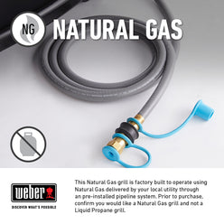 Coiled natural gas hose with brass fittings and a notice that the grill requires a pre-installed natural gas line and does not use liquid propane.