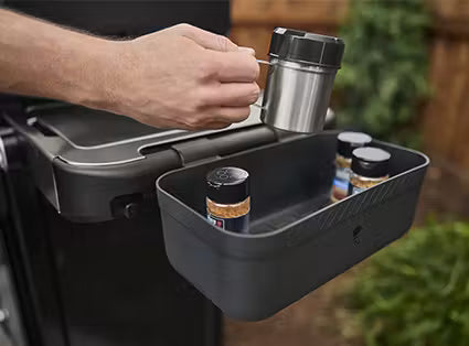 Weber Works™ Side Rails hold snap-on accessories (sold separately) such as a Bottle Holder, extra Tool Hooks, and Flexible Lighting to keep the side table clear for prepping and serving.