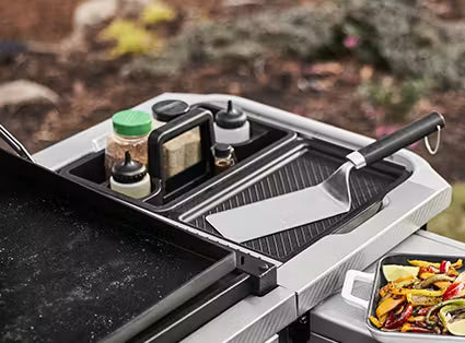 Weber Works™ Prep, Cook, and Store System accessories (sold separately) keep griddle supplies handy, transport things from the kitchen, convert the side table into a prep station, stow away gear, and more.