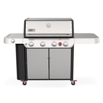 A stainless-steel lid with a built-in thermometer tops the Weber Genesis S-435 Gas Grill, with a covered side burner, red sear burner control, large side table, and double-door cabinet.