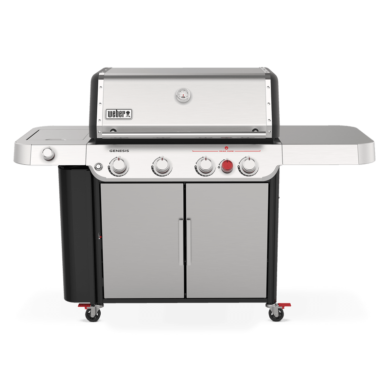 A stainless-steel lid with a built-in thermometer tops the Weber Genesis S-435 Gas Grill, with a covered side burner, red sear burner control, large side table, and double-door cabinet.