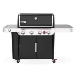 Weber Genesis E-435 gas grill with four burners, a side burner for sauces and sides, and an extra-large prep and serve table.