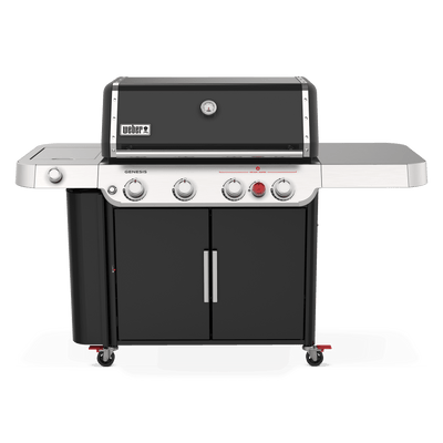 Weber Genesis E-435 gas grill with four burners, a side burner for sauces and sides, and an extra-large prep and serve table.