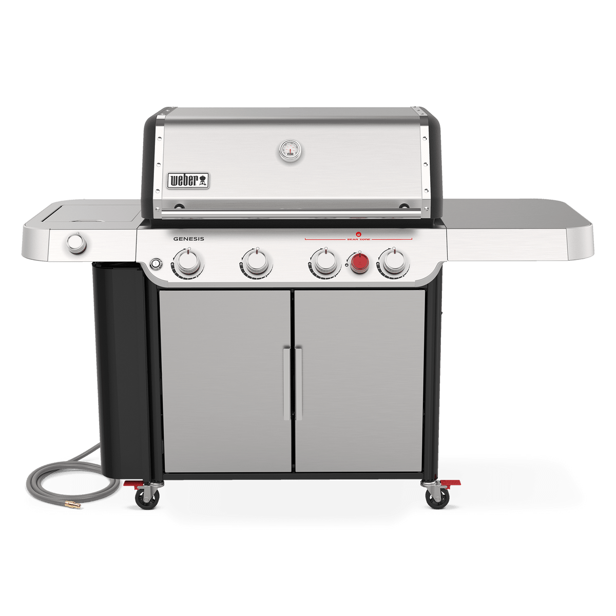 Front view of the stainless steel Weber Genesis S-435 gas grill with a closed lid, built-in thermometer, side shelves, and double-door storage cabinet.