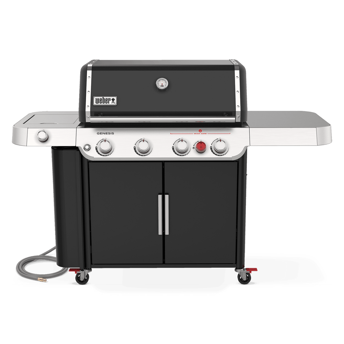 Front view of the black Weber Genesis E-435 gas grill with a closed lid, built-in thermometer, stainless steel side shelves, and double-door storage cabinet.
