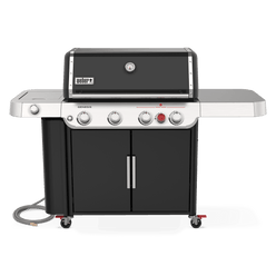 Front view of the black Weber Genesis E-435 gas grill with a closed lid, built-in thermometer, stainless steel side shelves, and double-door storage cabinet.