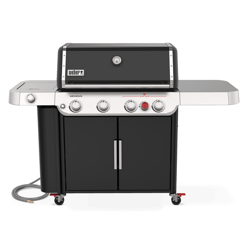 Front view of the black Weber Genesis E-435 gas grill with a closed lid, built-in thermometer, stainless steel side shelves, and double-door storage cabinet.