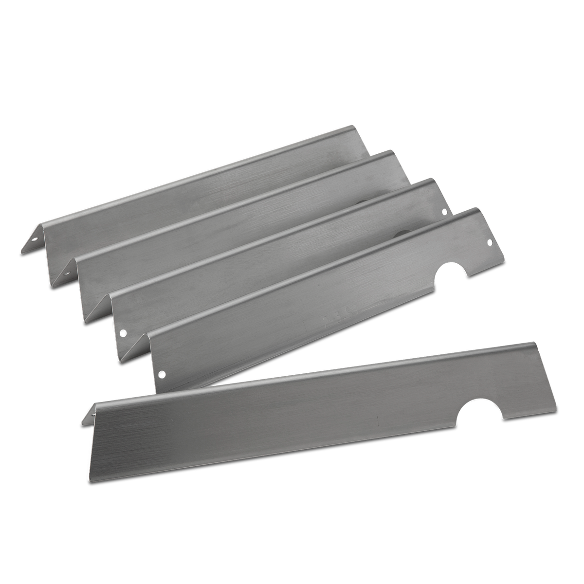 Five stainless-steel Weber Flavorizer Bars are arranged in overlapping rows, showing inverted V-shaped profiles, circular holes, and semicircular cutouts.