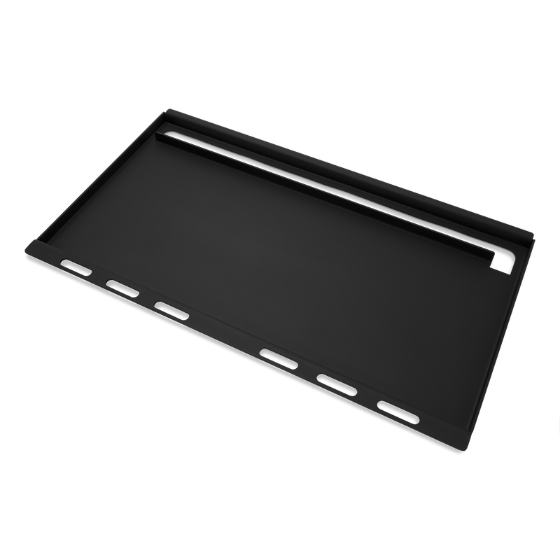 Weber Rust-Resistant Griddle Insert shown at an angle with a flat black cooking surface, raised edges, and a rear grease slot.