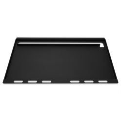 Weber Rust-Resistant Griddle Insert viewed from the front, showing the flat black cooking surface, raised edges, and rear grease slot.