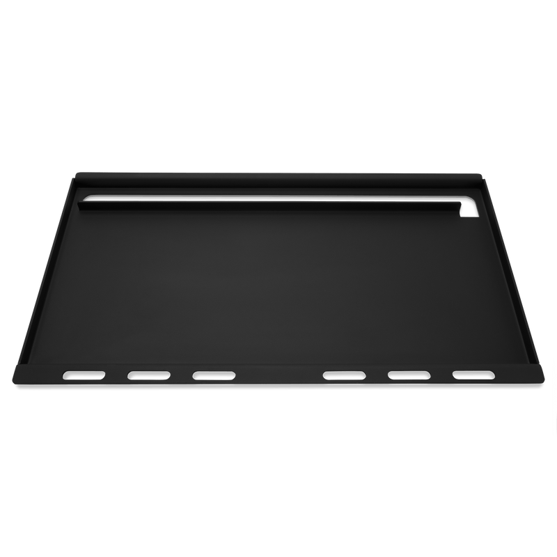 Weber Rust-Resistant Griddle Insert viewed from the front, showing the flat black cooking surface, raised edges, and rear grease slot.