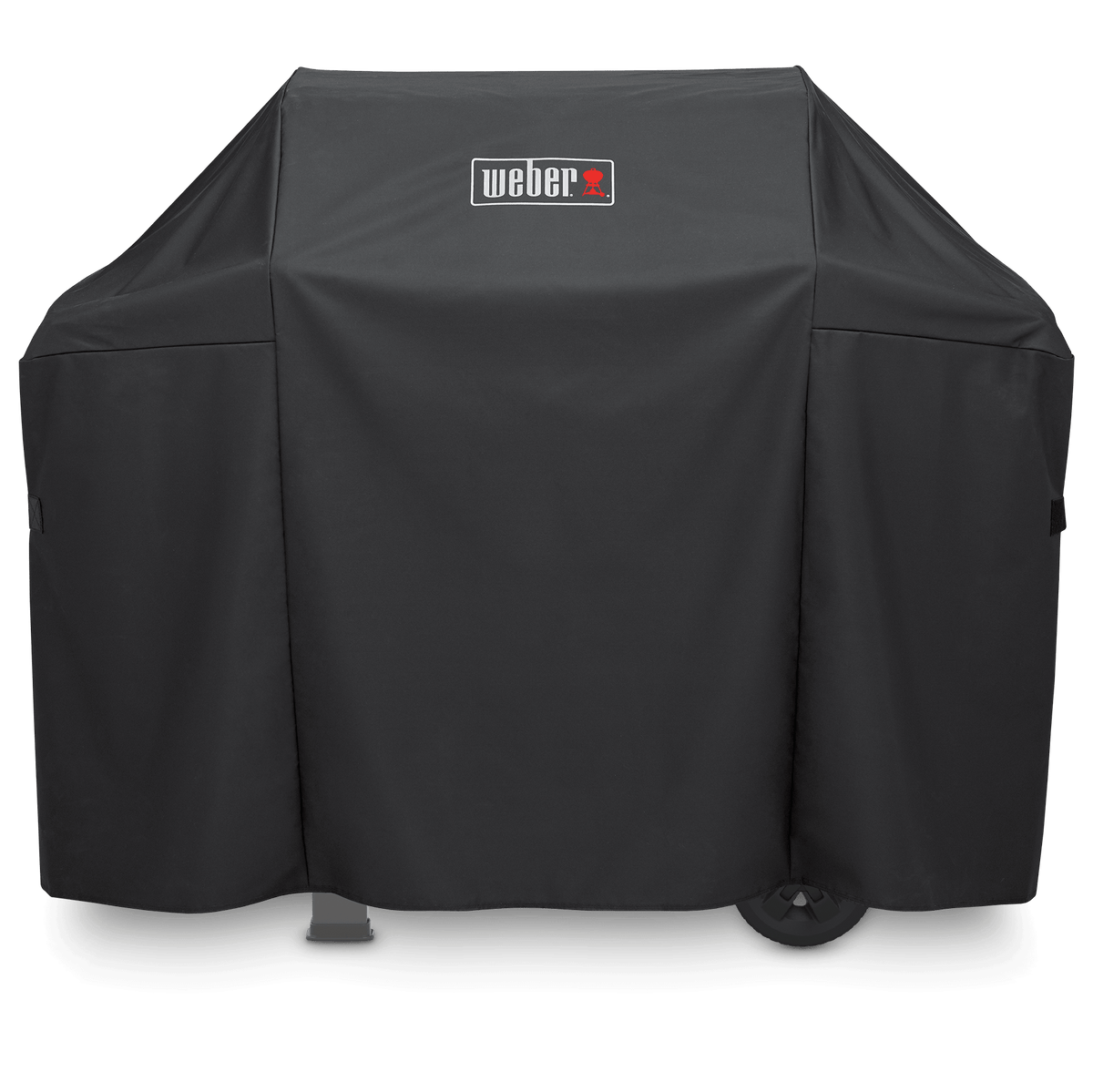Weber Premium Grill Cover in black fitted over a Spirit grill and side shelves, with a white and red Weber logo on the front.