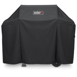 Weber Premium Grill Cover in black fitted over a Spirit grill and side shelves, with a white and red Weber logo on the front.