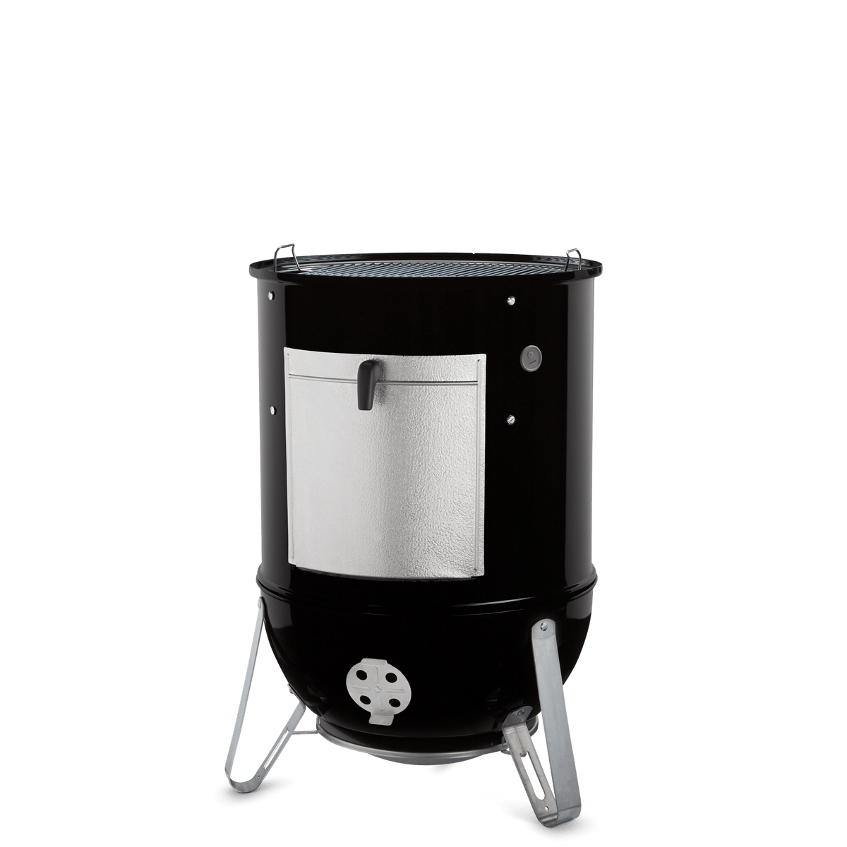 Black Weber 22" Smokey Mountain Cooker Smoker with the lid removed, exposing the upper cooking grate above the aluminum fuel door and adjustable lower damper.