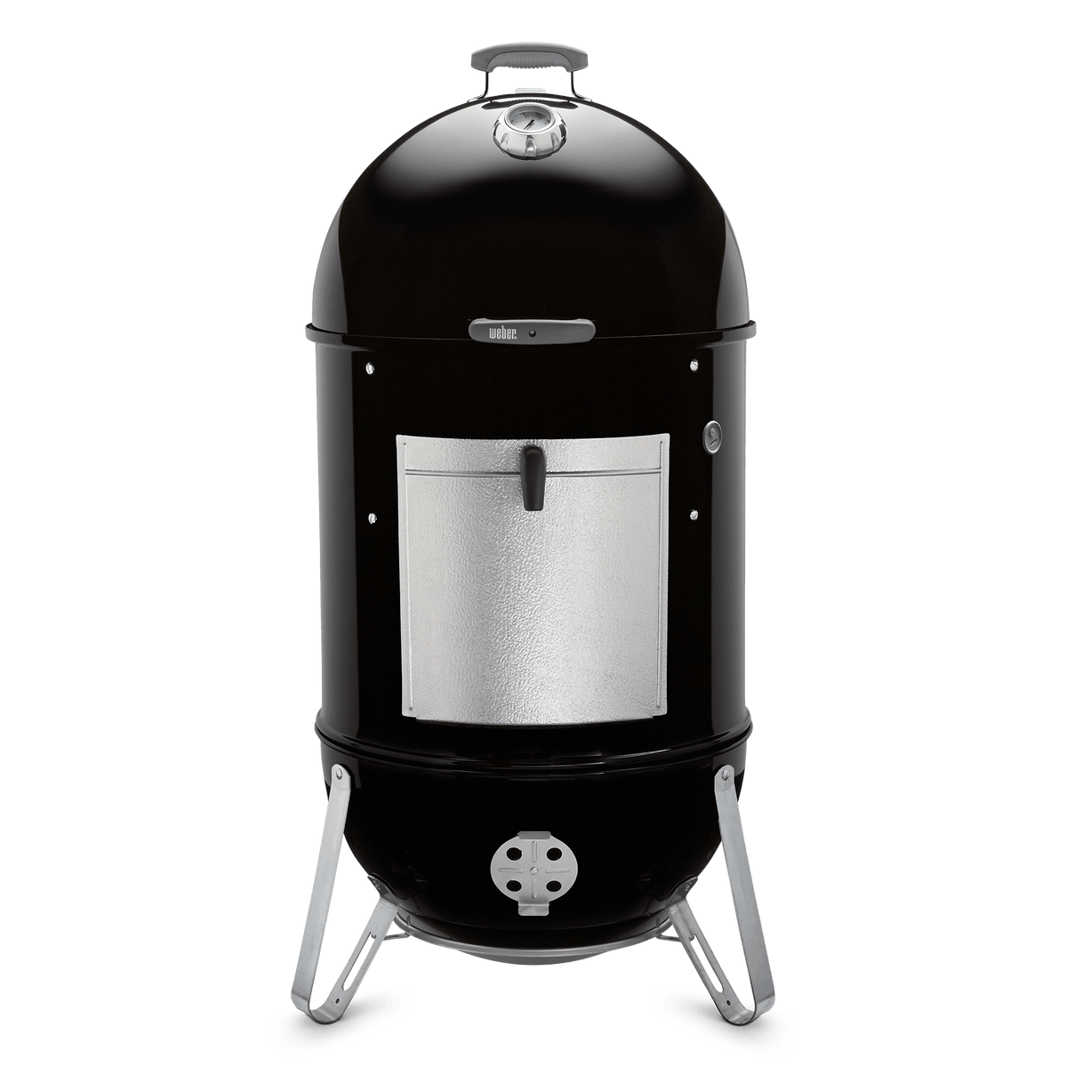 Black Weber 22" Smokey Mountain Cooker Smoker with a domed lid, built-in thermometer, aluminum fuel door, and adjustable lower damper.