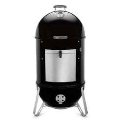 Black Weber 22" Smokey Mountain Cooker Smoker with a domed lid, built-in thermometer, aluminum fuel door, and adjustable lower damper.