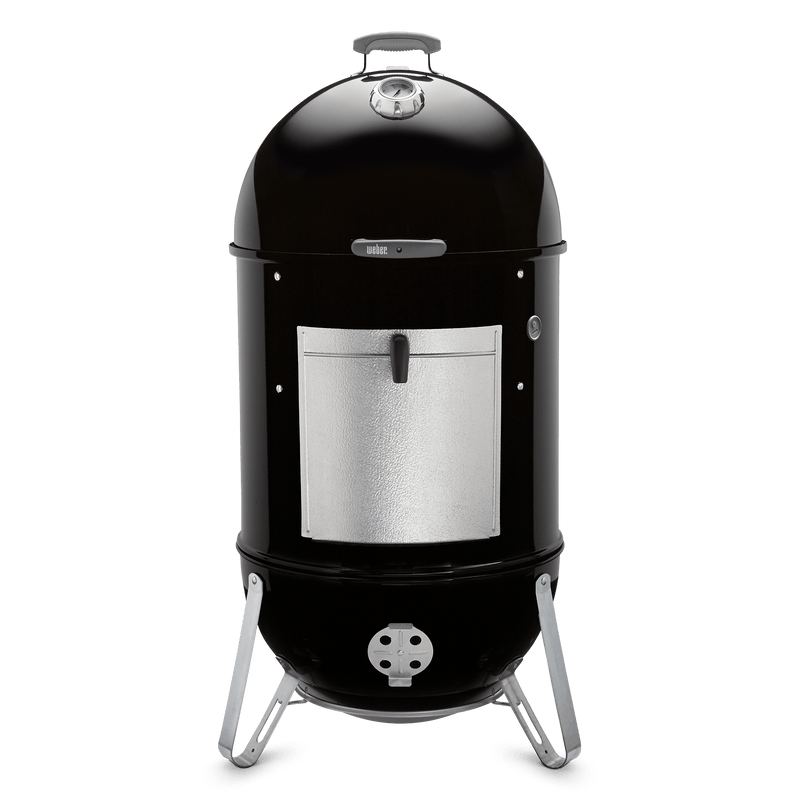 Black Weber 22" Smokey Mountain Cooker Smoker with a domed lid, built-in thermometer, aluminum fuel door, and adjustable lower damper.