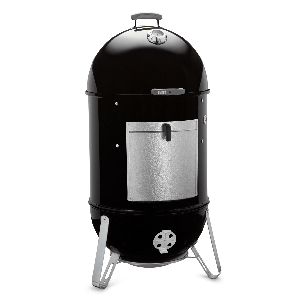 Angled view of the black Weber 22" Smokey Mountain Cooker Smoker with a domed lid, built-in thermometer, removable aluminum fuel door, and adjustable lower damper.