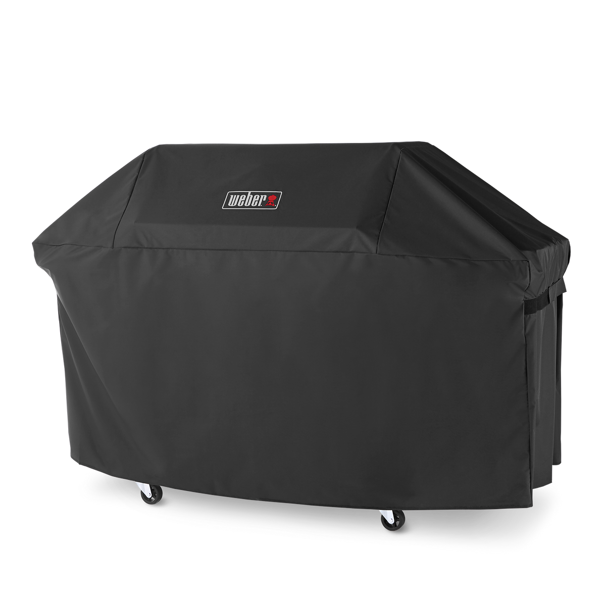 A side fastening strap secures the black Weber Premium Grill Cover around a Genesis grill, with the Weber logo on the front and casters visible below.