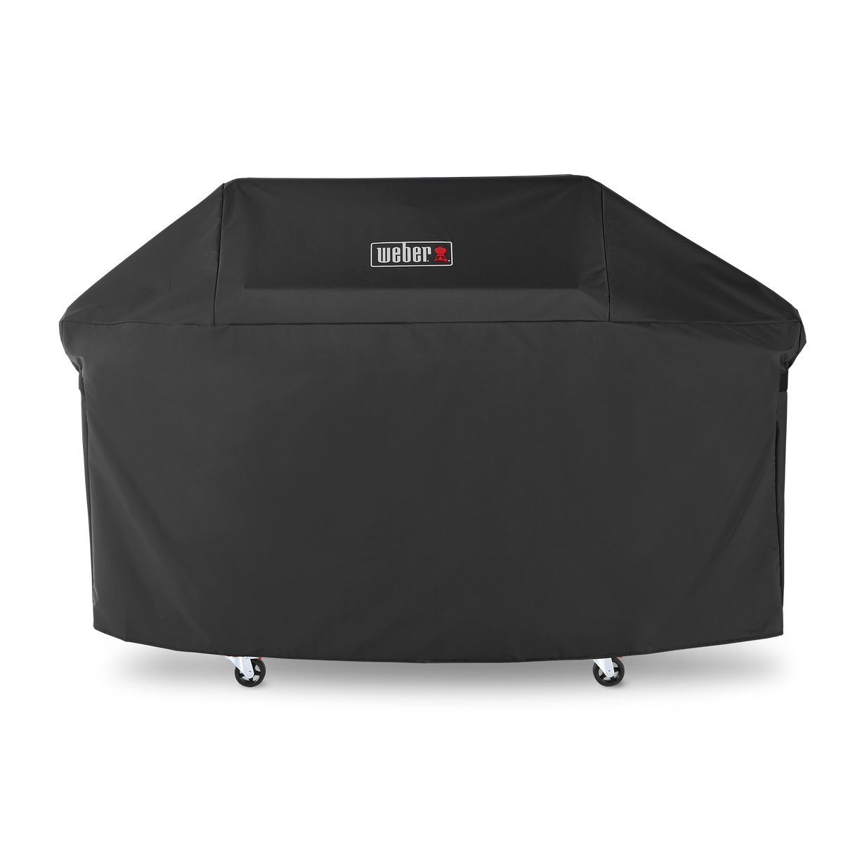 A centered Weber logo marks the black Premium Grill Cover, fitted over a Genesis grill’s lid, side tables, and cabinet with the casters exposed below.