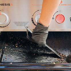 Pull & clean grease management system slides out for scraping away grease and food debris.