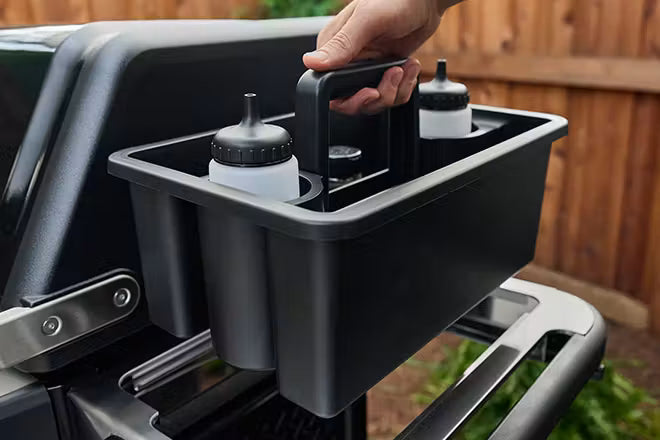Weber Works™ Side Table lets you convert the space to a convenient prep and serve station by adding drop-in accessories (sold separately) such as a Basin with Cutting Board Lid, Prep and Serve Kit, and more.